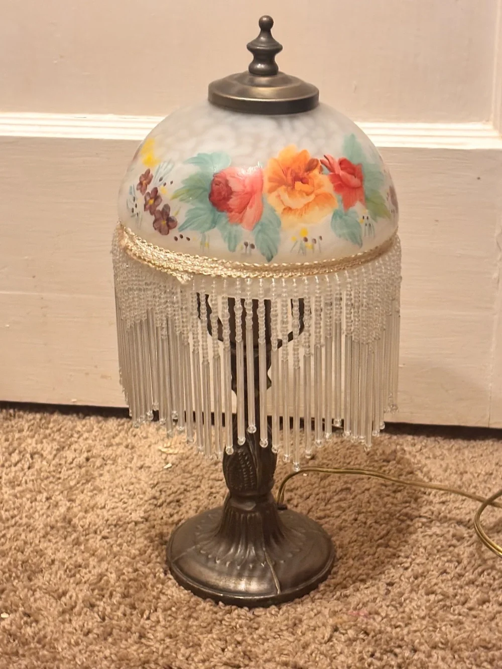 Vintage Hand Painted Floral Beaded Lamp - Bronze Base
